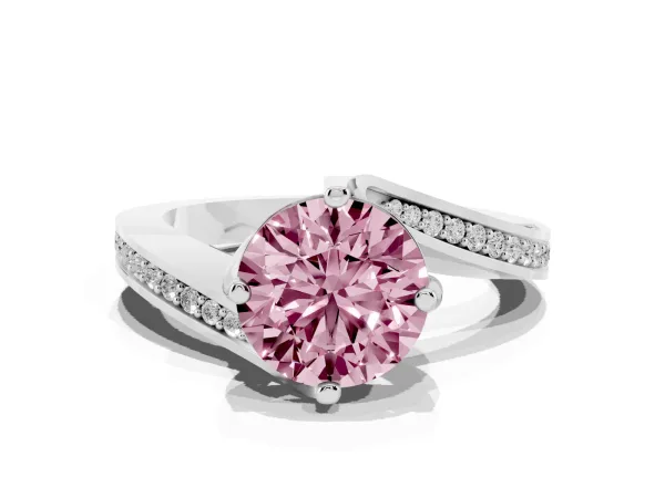 Fancy Pink Round Cut Solitaire Diamond Twist Band with Pavé Setting and Four-Prong Setting Platinum