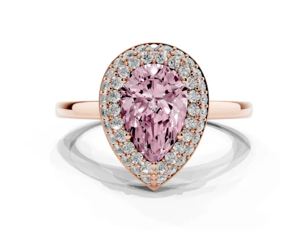 Fancy Pink Pear Cut Halo Diamond Engagement Ring with Solitaire Band and Four-Prong Setting Rose gold