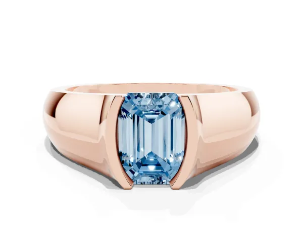 Fancy Blue Emerald Cut Solitaire Bezel Set Diamond Ring with Wide Band Rose gold