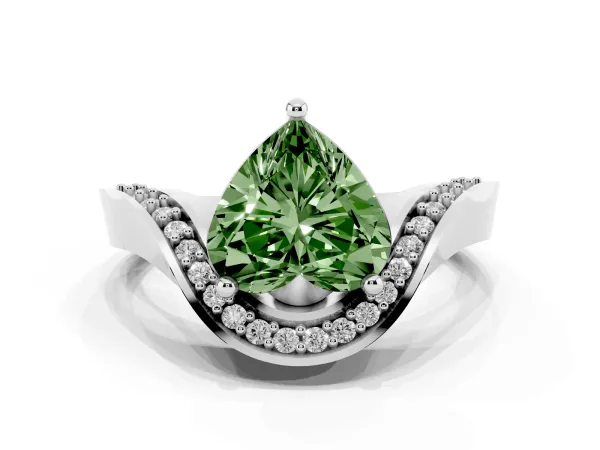 Fancy Green Heart Cut Solitaire Diamond Engagement Ring with Pave Band and Four-Prong Setting White gold