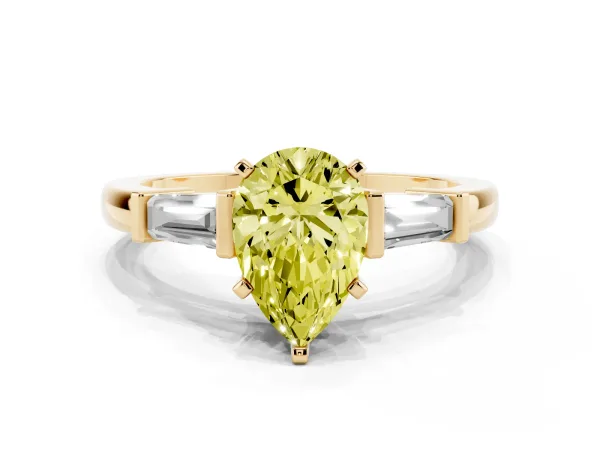 Fancy Yellow Pear Cut Cut Diamond Solitaire Ring with Tapered Baguette Accents and Four-Prong Setting Yellow gold