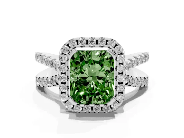 Fancy Green Radiant Cut Diamond Halo Ring with Split Shank Pavé Band and Prong Setting Platinum