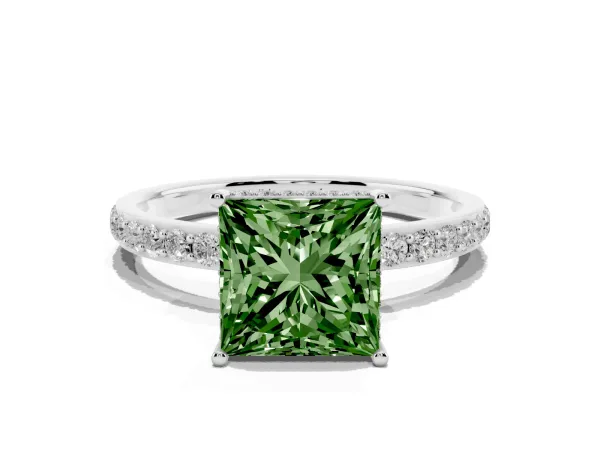 Fancy Green Princess Cut Diamond Solitaire Ring with Pavé Band and Hidden Halo Platinum