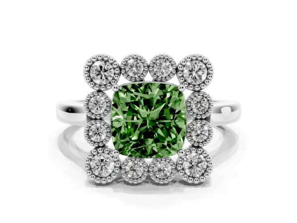 Fancy Green Cushion Cut Halo Diamond Cluster Engagement Ring with Milgrain Bezel Setting and Solitaire Band Platinum