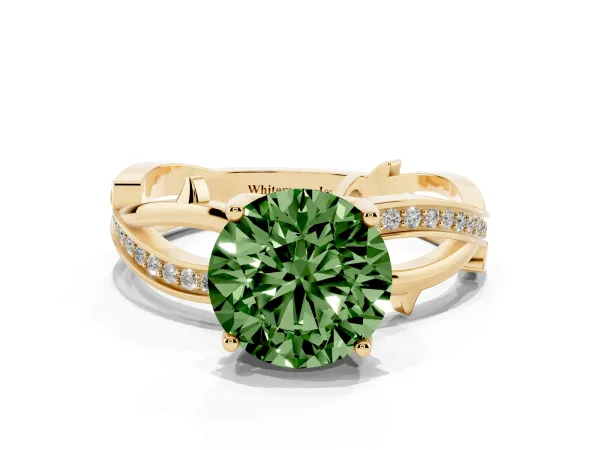 Fancy Green Round Cut Solitaire Twist Band with Pavé Accents and Four-Prong Setting Yellow gold