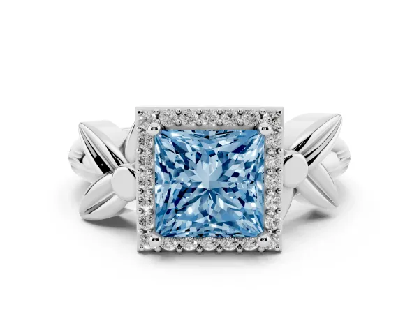 Fancy Blue Princess Cut Halo Diamond Floral Band with Four-Prong Setting White gold