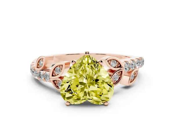 Fancy Yellow Heart Cut Solitaire Leaf-Inspired Diamond Ring with Pavé Band and Four-Prong Setting Rose gold