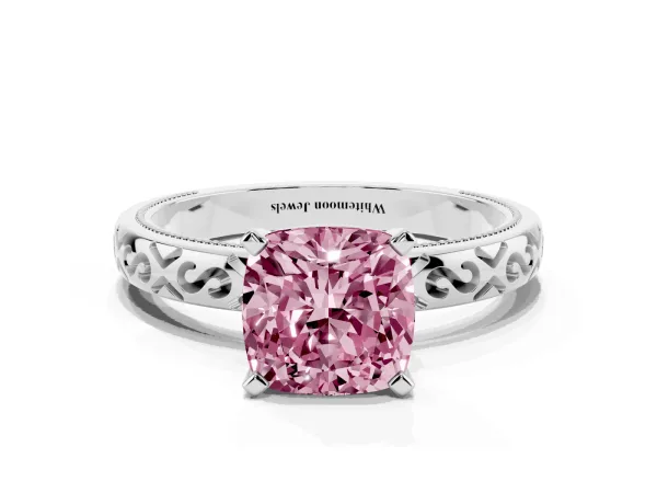 Fancy Pink Cushion Cut Solitaire Engagement Ring with Scrollwork Band and Four-Prong Setting Platinum