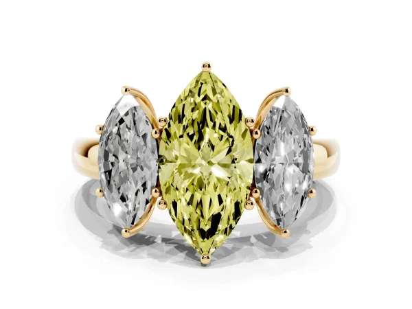 Fancy Yellow Marquise Cut Diamond Three-Stone Ring with Four-Prong Setting and Classic Band Yellow gold