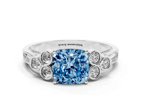 Fancy Blue Cushion Cut Cut Diamond Engagement Ring with Bezel Set Round Side Stones and Prong Setting White gold