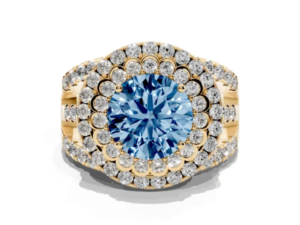 Fancy Blue Round Cut Diamond Double Halo Ring with Round Pavé Split Shank and Prong Setting Yellow gold
