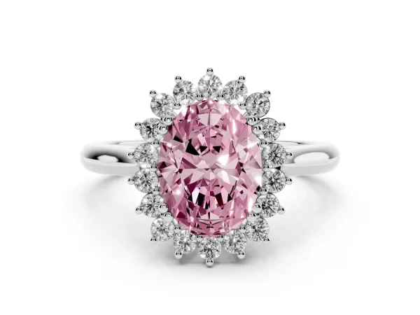 Fancy Pink Oval Cut Cut Diamond Halo Ring with Solitaire Band and Prong Setting Platinum