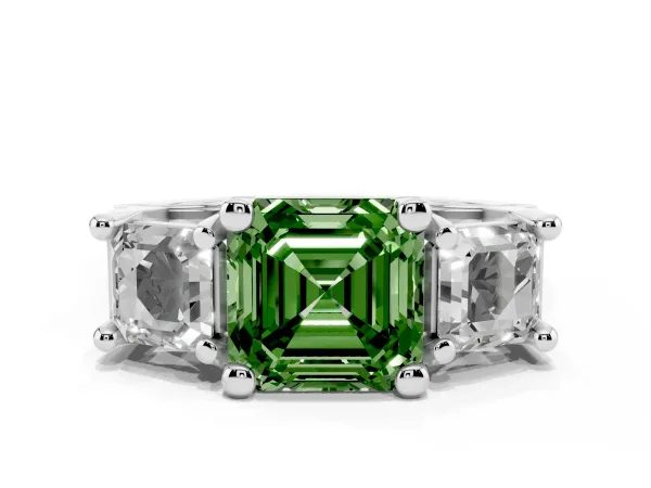 Fancy Green Asscher Cut Diamond Three-Stone Ring with Channel Set Band and Four-Prong Setting Platinum
