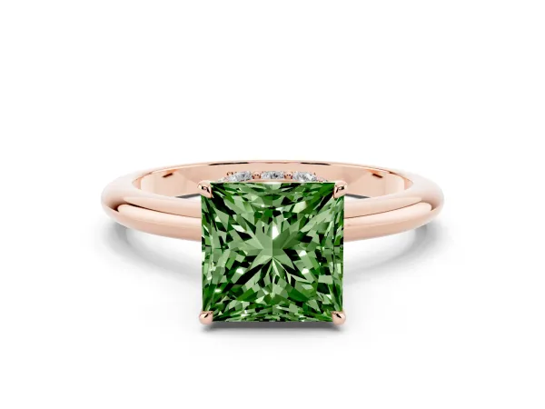 Fancy Green Princess Cut Brilliant Solitaire Engagement Ring with Six-Prong Setting and Classic Band Rose gold