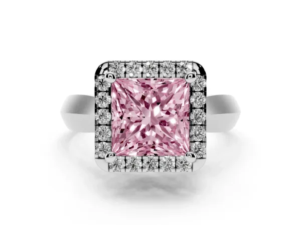 Fancy Pink Princess Cut Cut Halo Solitaire Engagement Ring with Square Band and Four-Prong Setting Platinum