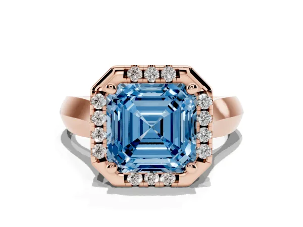 Fancy Blue Asscher Cut Cut Halo Solitaire Engagement Ring with Square Band and Four-Prong Setting Rose gold