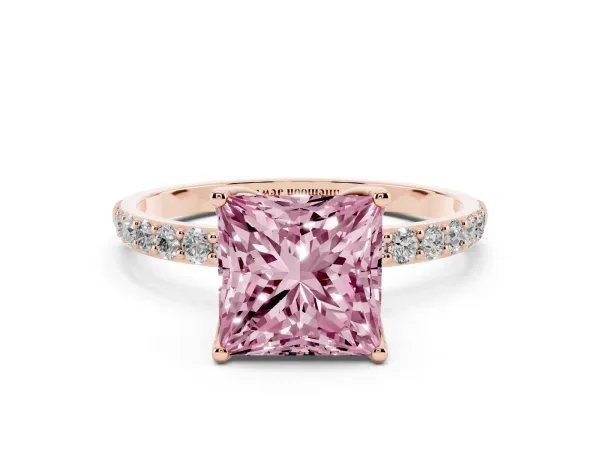 Fancy Pink Princess Cut Diamond Solitaire Engagement Ring with Round Pavé Band and Prong Setting Rose gold