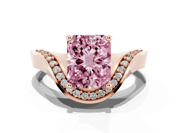 Fancy Pink Radiant Cut Solitaire Diamond Engagement Ring with Pave Band and Four-Prong Setting Rose gold