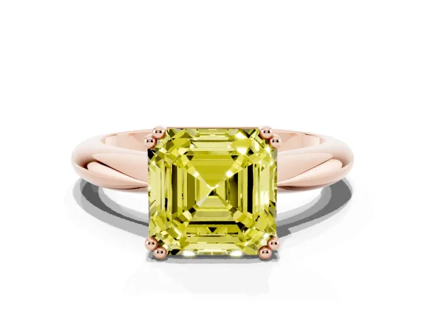 Fancy Yellow Asscher Cut Cut Solitaire Engagement Ring with Tapered Band and Four-Prong Setting Rose gold