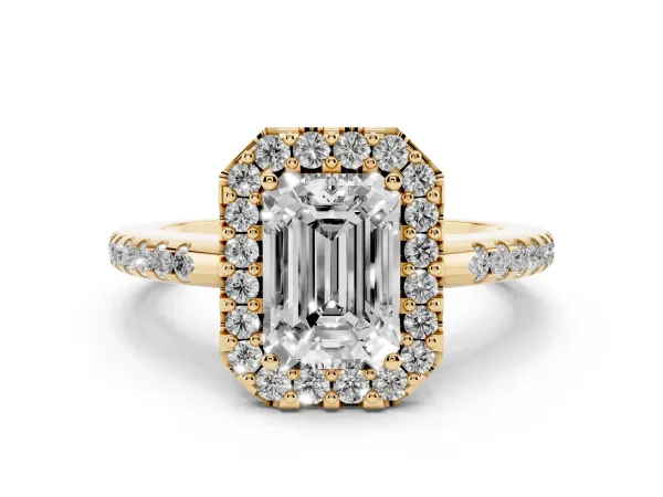 Emerald Cut Diamond Pavé Halo Ring with Four-Prong Setting Yellow gold