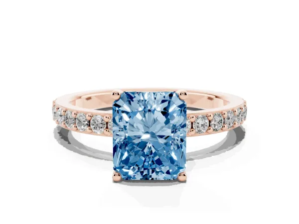 Fancy Blue Radiant Cut Cut Diamond Solitaire with Pave Band and Four-Prong Setting Rose gold