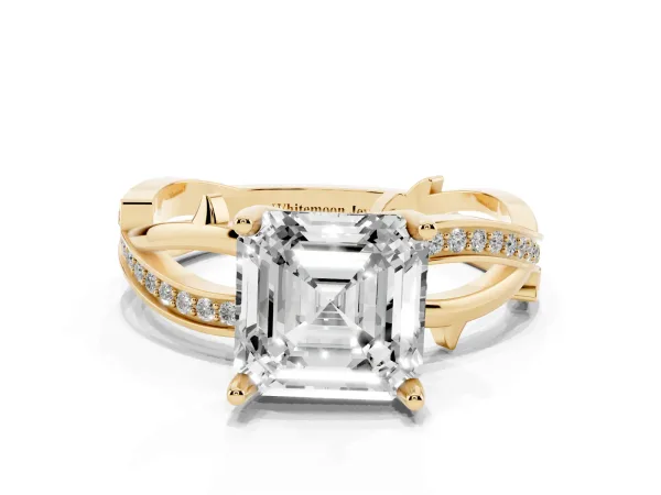 Asscher Cut Solitaire Twist Band with Pavé Accents and Four-Prong Setting Yellow gold