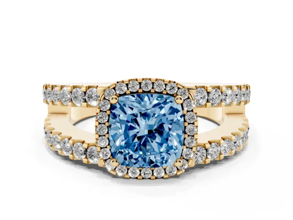Fancy Blue Cushion Cut Cut Halo Split Shank Diamond Ring with Four-Prong Setting Yellow gold