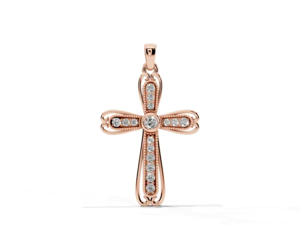 Pavé Round Diamond Cross Pendant with Bezel Setting Rose gold