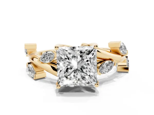 Princess Cut Solitaire Twisted Band Marquise Accent Prong Setting Ring Yellow gold