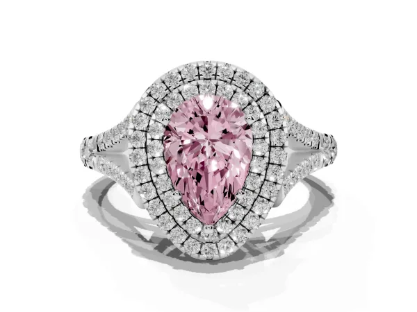 Fancy Pink Pear Cut Diamond Double Halo Ring with Split Shank and Prong Setting White gold