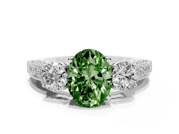 Fancy Green Oval Cut Three-Stone Diamond Ring with Pavé Band and Four-Prong Setting White gold