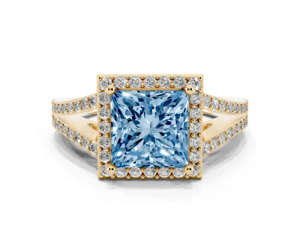 Fancy Blue Princess Cut Halo Split Shank Pave Diamond Ring with Four-Prong Setting Yellow gold