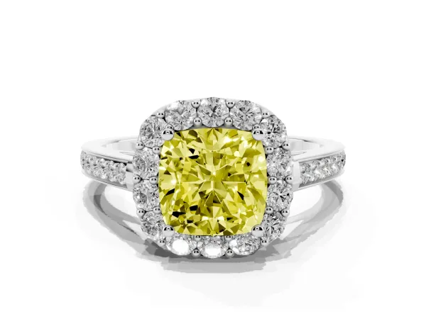 Fancy Yellow Cushion Cut Diamond Floral Halo Ring with Pavé Band and Prong Setting Platinum