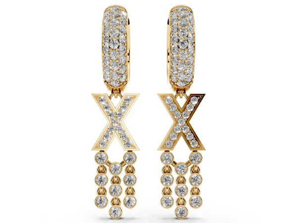 Round Diamond Initial X Huggie Hoop Earrings Yellow gold