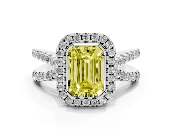 Fancy Yellow Emerald Cut Diamond Halo Ring with Split Shank Pavé Band and Prong Setting White gold