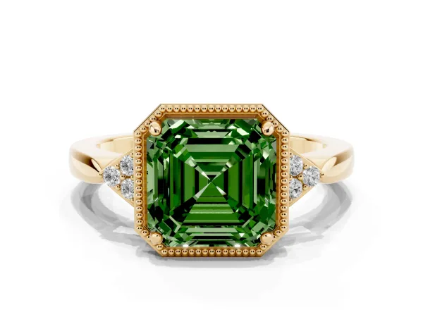Fancy Green Milgrain Asscher Cut Cut Diamond Ring with Tapered Pave Band and Four Prong Setting Yellow gold