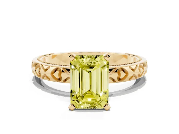Fancy Yellow Emerald Cut Solitaire Diamond Engagement Ring with XO Engraved Band and Four-Prong Setting Yellow gold