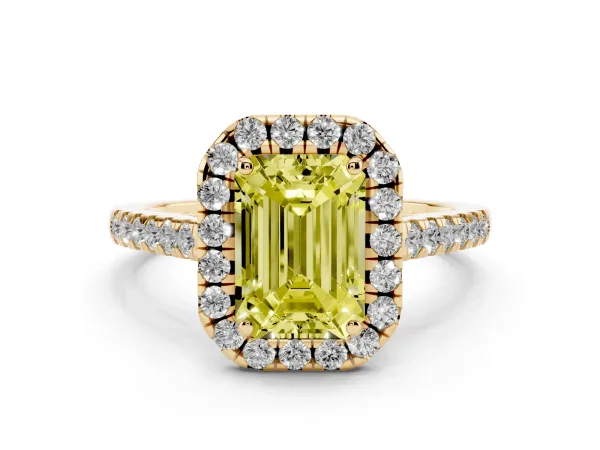 Fancy Yellow Emerald Cut Halo Pave Diamond Engagement Ring with Four-Prong Setting Yellow gold
