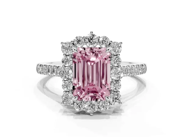 Fancy Pink Emerald Cut Halo Diamond Ring with Pavé Band and Prong Setting Platinum