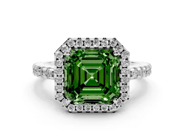 Fancy Green Asscher Cut Diamond Halo Engagement Ring with Pavé Band and Prong Setting Platinum