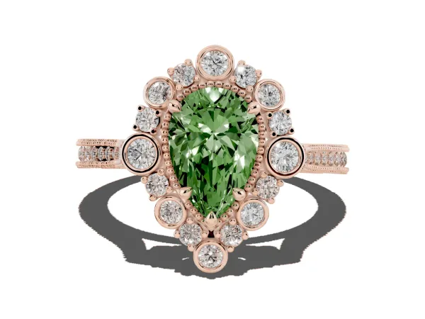 Fancy Green Pear Cut Halo Milgrain Pave Diamond Ring with Four-Prong Setting Rose gold