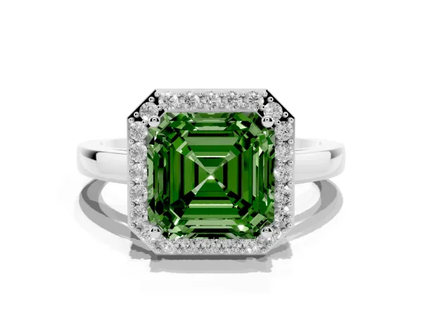 Fancy Green Asscher Cut Halo Diamond Ring with Solitaire Band and Prong Setting Platinum