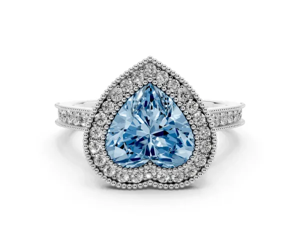 Fancy Blue Halo Heart Cut-Cut Diamond Pave Band Milgrain Prong Setting Ring Platinum