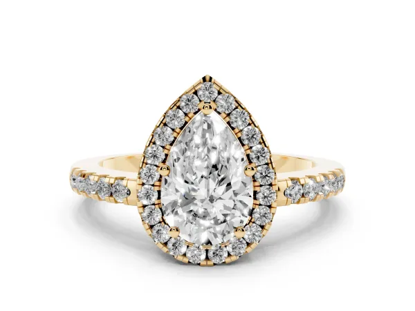 Pear Cut Halo Diamond Engagement Ring with Pavé Band and Four-Prong Setting Yellow gold