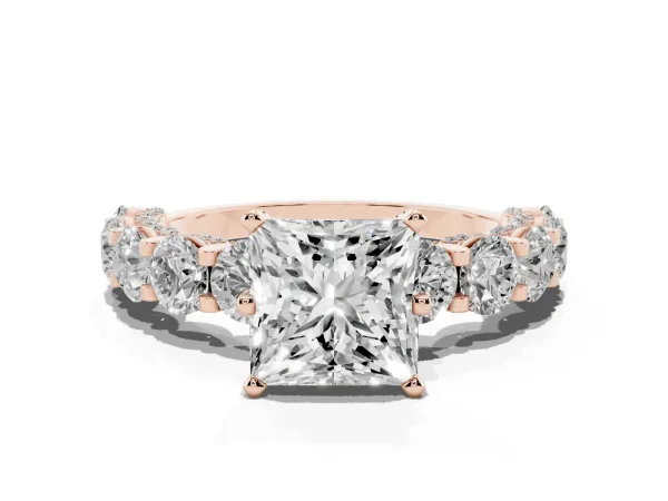 Princess Cut Diamond Side Stone Engagement Ring with Four-Prong Setting Rose gold