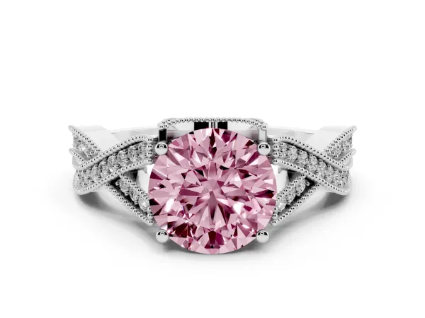 Fancy Pink Round Cut Cut Diamond Twisted Band with Milgrain Pave Setting and Four-Prong Setting Platinum