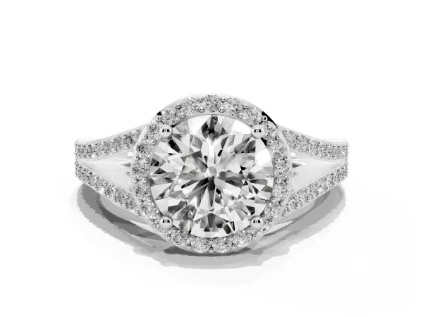 Round Cut Halo Split Shank Pave Diamond Ring with Four-Prong Setting White gold