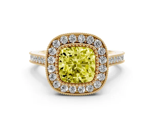 Fancy Yellow Cushion Cut Diamond Halo Ring with Milgrain Frame and Pavé Band Yellow gold