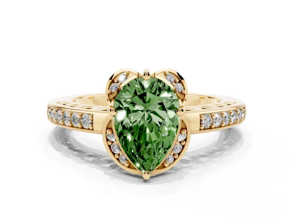 Fancy Green Pear Cut Cut Halo Diamond Ring with Channel Set Band and Four-Prong Setting Yellow gold