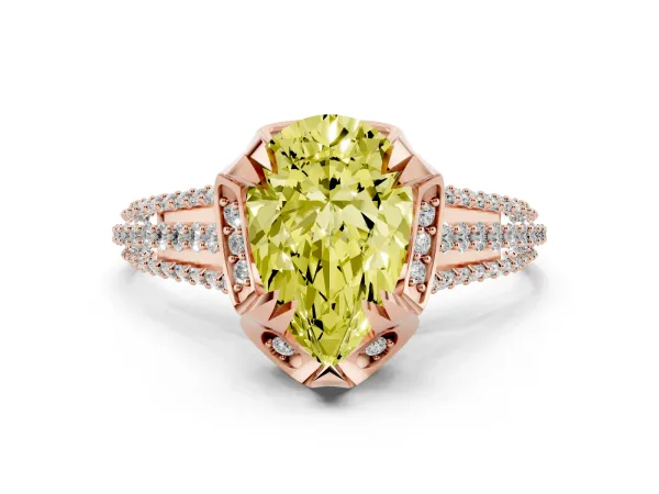 Fancy Yellow Pear Cut Solitaire Pave Split Shank Ring with Four-Prong Setting Rose gold
